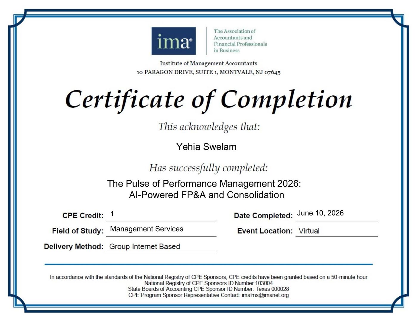 IMA performance management certificate